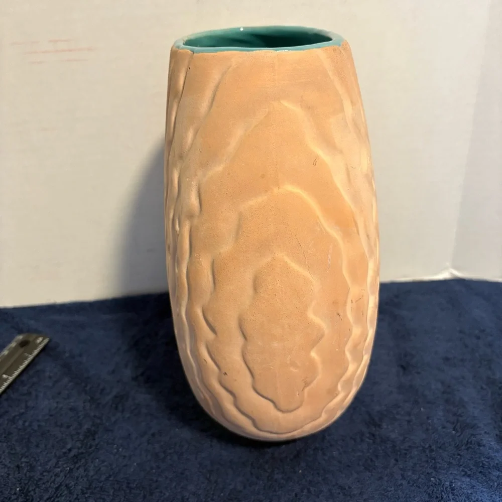 Haeger 10” Terra Madre MCM Large Vase Unglazed Textured Surface w/ Teal Interior